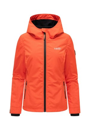 Veste à capuche orange vif avec fermeture éclair frontale, deux poches latérales zippées et petit logo blanc sur la poitrine.