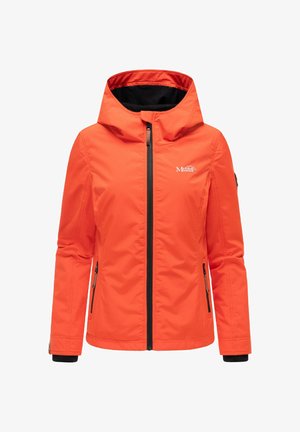 Veste à capuche orange vif avec fermeture éclair frontale, deux poches latérales zippées et petit logo blanc sur la poitrine.