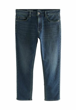 Ciemnoniebieskie dżinsy mają prosty krój nogawki, pięć kieszeni i widoczne szwy. Materiał ma lekki stretch dla wygody.