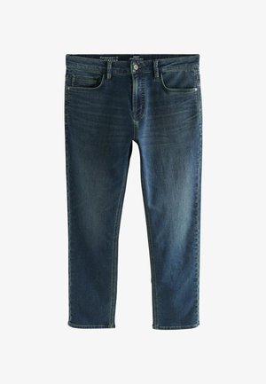 Ciemnoniebieskie dżinsy mają prosty krój nogawki, pięć kieszeni i widoczne szwy. Materiał ma lekki stretch dla wygody.