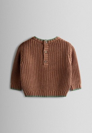 Brauner Strickpullover mit grünen, gerippten Akzenten, rundem Ausschnitt und drei Knöpfen zum Verschließen auf der Rückseite. Kurze Ärmel.