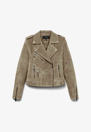 Veste de motard en suédine kaki avec un col en V, une fermeture éclair asymétrique, plusieurs poches zippées et des accents en métal argenté.