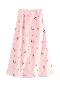 Bloemenrok van lichtroze stof met kleine rozenpatronen, uitlopende vorm en elastische tailleband voor een comfortabele pasvorm.