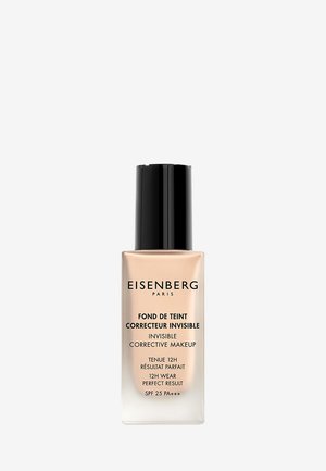 Flacon de maquillage correcteur invisible Eisenberg Paris, tenue 12 heures et SPF 25 PA+++, liquide beige dans un flacon en verre givré avec un bouchon noir.