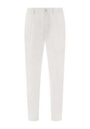 Pantalon blanc sur mesure avec passants de ceinture, bouton devant, fermeture éclair et jambes fuselées, conçu pour un look formel ou professionnel.