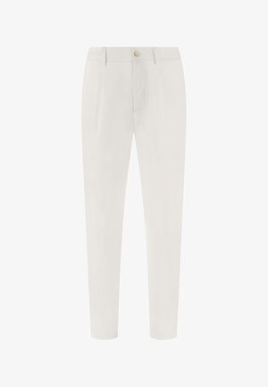 Pantalon blanc sur mesure avec passants de ceinture, bouton devant, fermeture éclair et jambes fuselées, conçu pour un look formel ou professionnel.