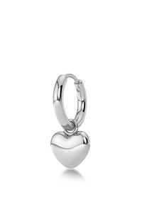 Strieborná náušnica kruh s lešteným príveskom v tvare srdca. Srdce má hladký povrch a zaoblený tvar, pripevnené pomocou skokového krúžku.