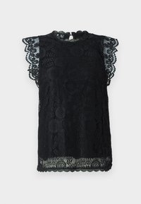 Top in pizzo nero con maniche corte, caratterizzato da bordi smerlati e un collo alto. Motivi floreali intricati decorano il tessuto.