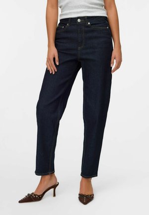 Dark denim high-waisted jeans with straight-leg design, accented with copper stitching and a front button closure. Features two side pockets.