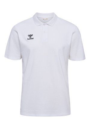 Hvid polo skjorte lavet af bomuld med krave, korte ærmer og et sort "hummel" logo på venstre bryst.