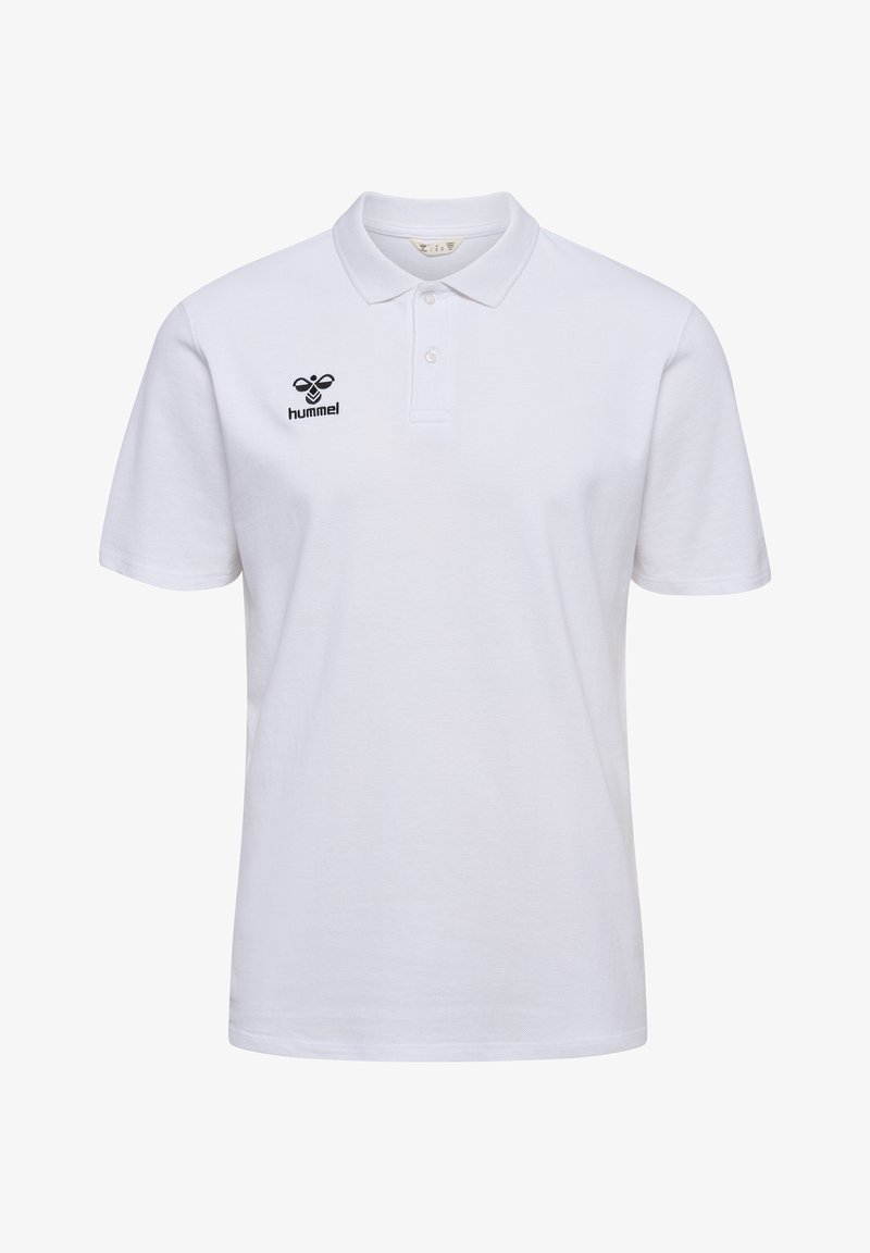 Weißes Poloshirt aus Baumwolle mit Kragen, kurzen Ärmeln und schwarzem "hummel"-Logo auf der linken Brust.