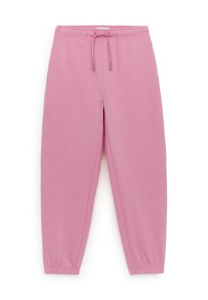 Lyserøde sweatpants med elastik i taljen, justerbar snøre og tilspidsede ben, der ender i elastiske manchetter.