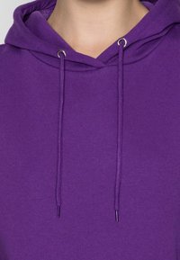 Felpa viola con cappuccio regolabile. Presenta occhielli metallici e una texture di tessuto morbido. Design semplice, senza pattern o dettagli aggiuntivi.