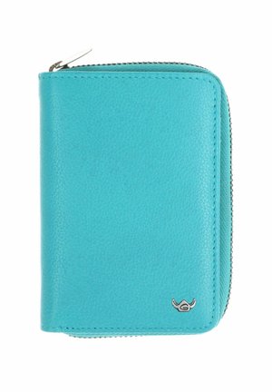 Portefeuille en cuir turquoise avec fermeture éclair et petit logo argenté dans un coin, isolé sur fond blanc.