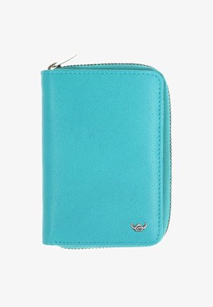 Portefeuille en cuir turquoise avec fermeture éclair et petit logo argenté dans un coin, isolé sur fond blanc.