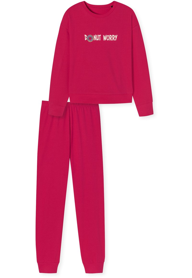 Ensemble de pyjama deux pièces en coton rouge composé d'un haut à manches longues avec le texte "DONUT WORY" et d'un pantalon à taille élastique assorti. Texture douce.