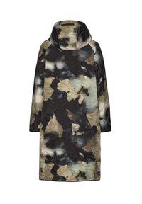 Abrigo acolchado en negro, verde y con un diseño floral en beige. Cuenta con capucha y mangas largas, con corte recto y tejido texturizado.