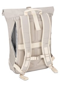 Gray roll-top backpack with padded, mesh back and beige straps. Features side zipper pocket and adjustable buckles for secure fitting.