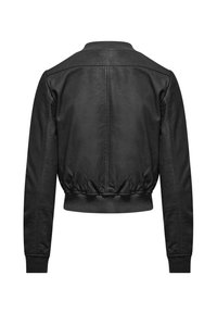 Zwarte leren bomberjack met een cropped ontwerp, geribbelde kraag en boorden, en een elastische zoom. Gladde textuur met een strakke afwerking.