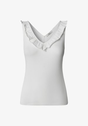 Valge varrukateta top V-kaelusega ja volditud äärisega. Rõhkude tekstuur, kitsas lõige ja minimalistlik disain. Nähtav brändilogo puudub.