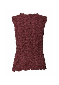Top senza maniche color bordeaux con un design texturizzato e arricciato, caratterizzato da un collo a scallop, realizzato in tessuto morbido con un effetto tridimensionale pronunciato.