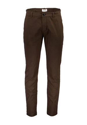 Brown cotton trousers with a slim fit, featuring a flat front, belt loops, and a single button closure. Smooth texture and minimal design.