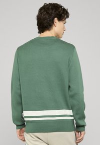 Pull vert en maille avec col rond, poignets côtelés et rayures blanches à l'ourlet. La texture semble douce et lisse.