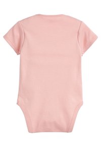 Pink short-sleeve bodysuit made from soft cotton. Features a simple design with a rounded neckline and snap closure at the bottom.