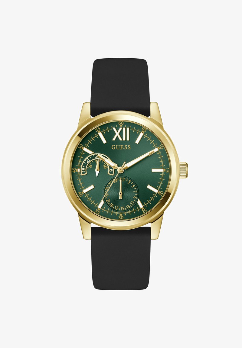 Ρολόι χειρός Guess με χρυσό τόνο, πράσινο καντράν, μαύρο λουράκι, λατινικό αριθμό XII, υποκαντράν ημερομηνίας και 24 ωρών, με χρυσά σημεία ώρας και δείκτες.
