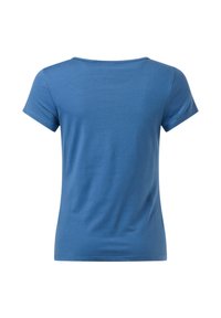 T-shirt blu aderente a maniche corte vista da dietro con scollatura rotonda su sfondo bianco.