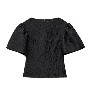 Black textured short-sleeve blouse with puffed sleeves and a round neckline, laid flat on a white background.