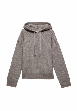 Felpa grigia lavorata a maglia con trama a coste, coulisse e spalle scese. Presenta una lunghezza corta e maniche larghe.