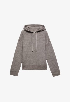 Grijze gebreide hoodie met een geribbelde textuur, trekkoord en verlaagde schouders. Heeft een cropped lengte en brede mouwen.
