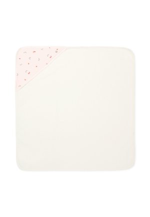 Copertina per neonato color crema con cappuccio angolare rosa con stampe floreali e di coccinelle.