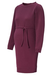 Vestido burdeos con mangas largas, tejido texturizado, cuello redondo y cintura atada. Forma ajustada y puños y dobladillo acanalados.