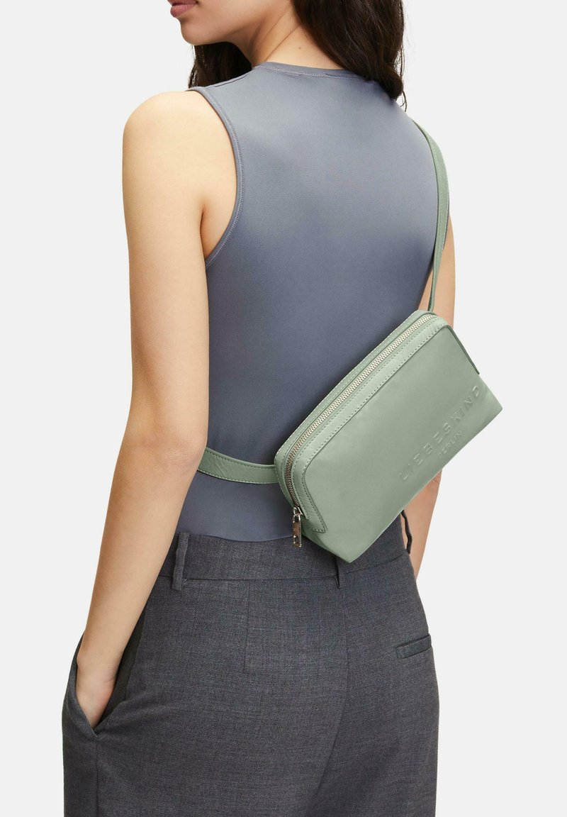 Mintgrüne Leder-Crossbody-Tasche mit glatter Textur, rechteckiger Form und silbernem Reißverschluss, mit geprägtem Markenlogo auf der Vorderseite.