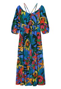 Kleid mit Blumenmuster auf blauem Hintergrund, mit lebhaften roten, gelben und grünen Blumen, schulterfreiem Design, Puffärmeln und einem gestuften Rock.