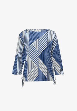 Blue and white long-sleeve top with geometric diagonal and vertical stripe patterns, round neckline, and side tie details at hem.