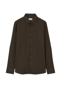 Camicia verde scuro a maniche lunghe con colletto classico, realizzata in un tessuto morbido, con un taglio dritto e chiusura frontale a bottoni.
