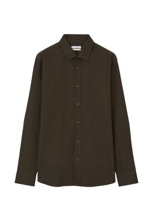 Camicia verde scuro a maniche lunghe con colletto classico, realizzata in un tessuto morbido, con un taglio dritto e chiusura frontale a bottoni.