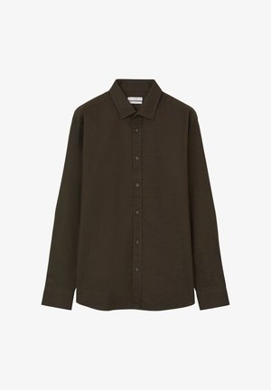 Dunkelgrünes, langärmliges Hemd mit Knopfleiste und klassischem Kragen, aus einem glatten Stoff gefertigt, mit geradem Schnitt und vorderem Knopfverschluss.