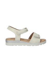 Sandal bianca con cinturino regolabile, tomaia sintetica, suola testurizzata e accento metallico argento sul tacco a cuneo. Design leggero.