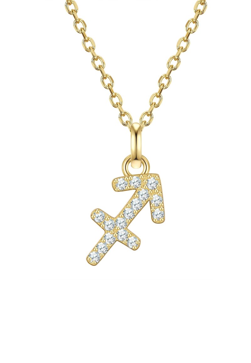 Zelta ķēdes kaklarota ar dimantu izšūtu bultas piekariņu. Piekariņam ir teksturēta virsma un spīdīgi zelta akcenti.