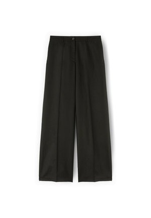 Pantalones negros de pierna ancha con pliegue delantero, cierre de botones, trabillas para cinturón y cremallera.