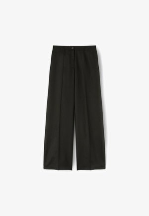 Pantalones negros de pierna ancha con pliegue delantero, cierre de botones, trabillas para cinturón y cremallera.