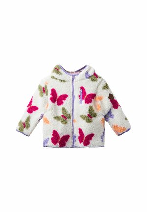 Fleece jaka ar tauriņu rakstiem rozā, zaļā un oranžā krāsā uz baltas fona, ar rāvējslēdzēju priekšpusē un kapuci.