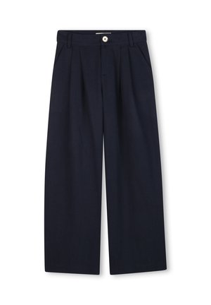 Navy wide-leg trousers with pleats, button closure, and side pockets. Made from lightweight fabric, offering a relaxed silhouette.