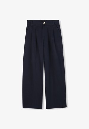 Marineblauwe wijde broek met plooien, knoopsluiting en zijzakken. Gemaakt van lichtgewicht stof, wat een ontspannen silhouet biedt.