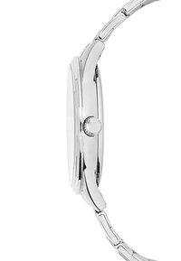 Sidabrinis nerūdijančio plieno laikrodis su plonu profiliu, apvalia korpusu ir tekstūruotu kronšteinu. Apyrankė turi sujungtus segmentus, kurie suteikia lankstumo.