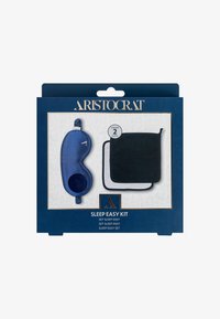 Niebieska satynowa opaska na oczy i ciemna tkanina z kontrastową obwódką, zapakowane w niebieskie pudełko z złotym napisem i wzorem w tle.